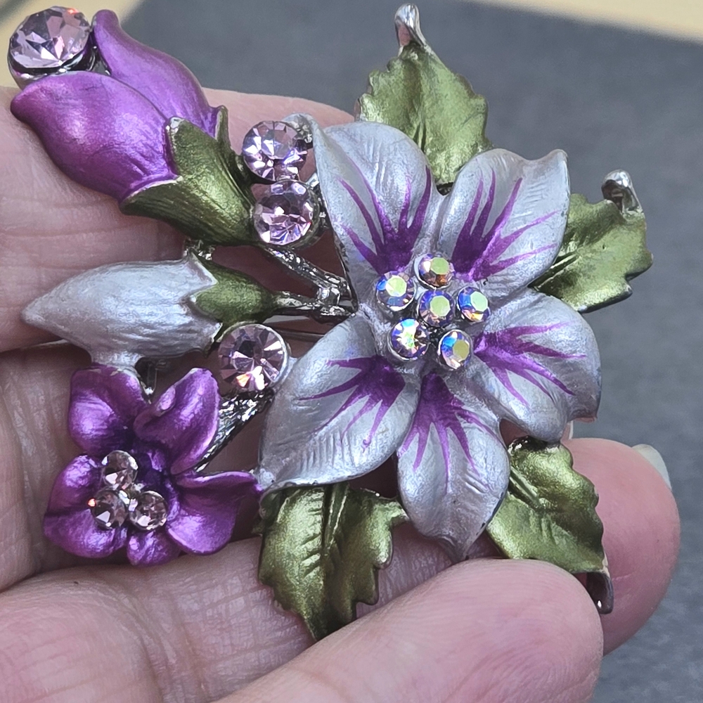 Floral Brooch with Purple and Green Accents